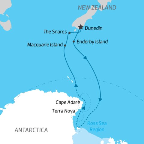 East Antarctica cruise itinerary map from New Zealand to Antarctica return) 