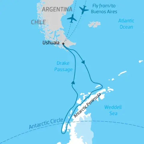 Map of Antarctic Peninsula: Crossing the Circle itinerary on the World Voyager) 