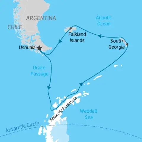 itinerary map for expedition cruise from South America to Antarctic) 