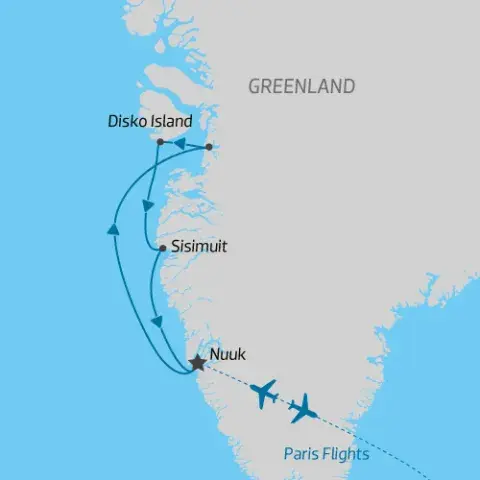 Tour map for Arctic Spring itinerary around West Greenland) 