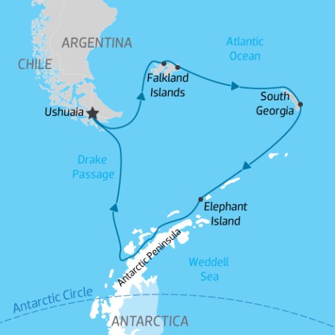 Cruise itinerary map from Ushuaia to Falkland Islands, South Georgia and Antarctica) 
