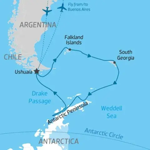 cruise itinerary map of Falklands, South Georgia & Antarctica back to Ushuaia) 