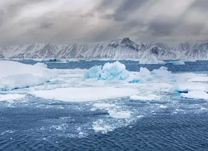 Aerial view of icebergs in the Weddell Sea and snowy mountains of the Antarctic continent) 